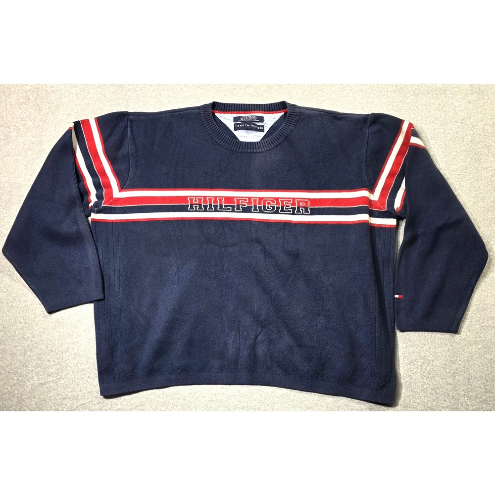 Vtg Tommy Hilfiger Sweater Mens XL Blue Red Stripe Logo Knit 90s Crewneck Preppy